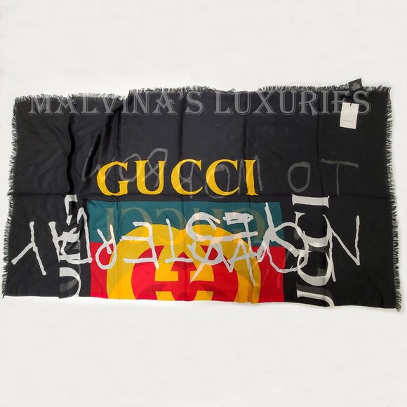 GUCCI SCARF COCO CAPITAN TOMORROW GG LOGO BLACK MODAL SILK SHAWL SQUARE 55" - Picture 11 of 15